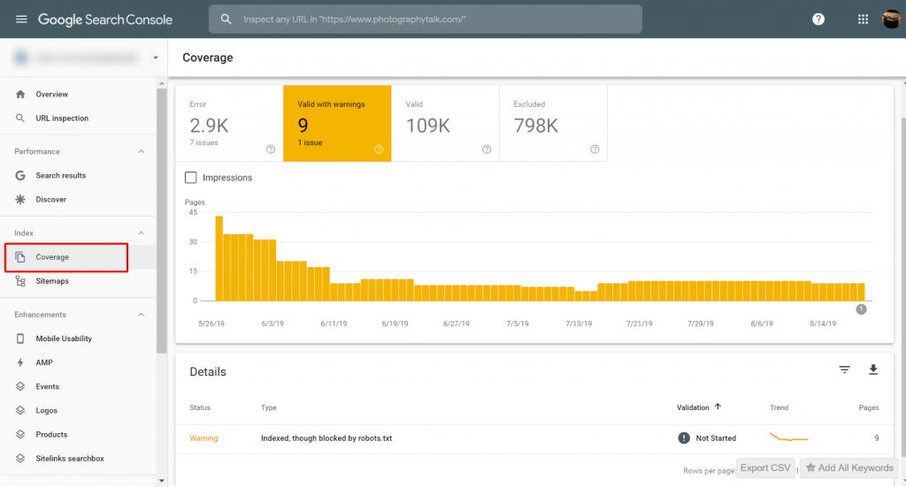 Google Search Console>>Zasięg